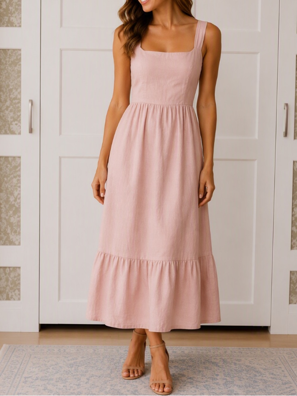 Rose Pink Square-neck Linen Blend Midi Dress
